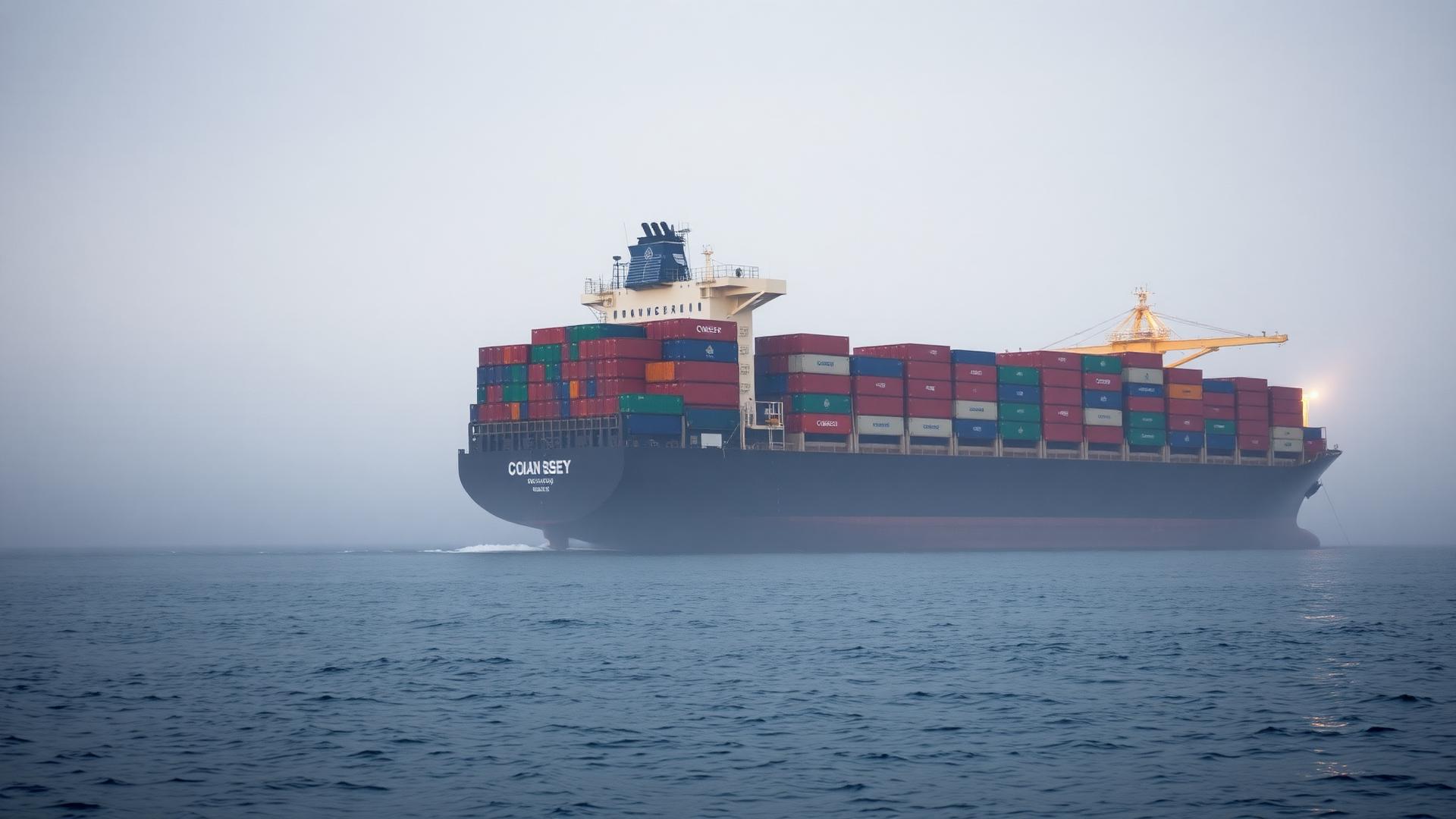 Container ship at sea in fog