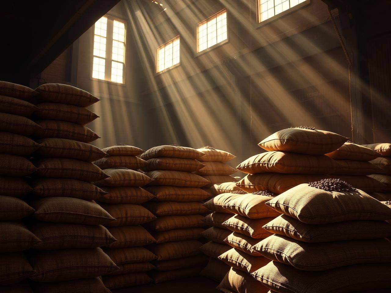 Burlap sacks of grain in port warehouse